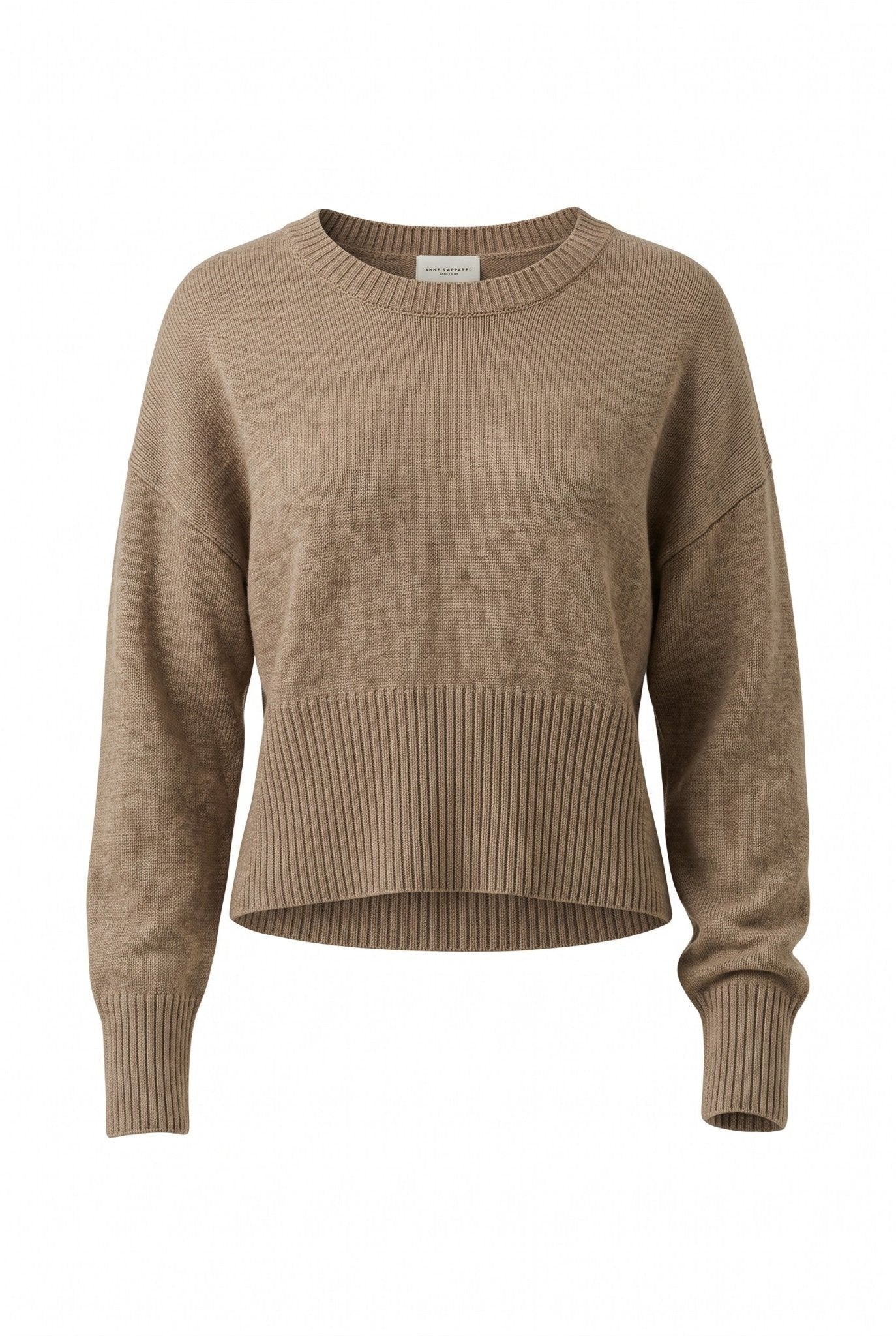graced Eloise taupe crew neck sweater with drop shoulders, wide ribbed cuffs, and a cropped silhouette.