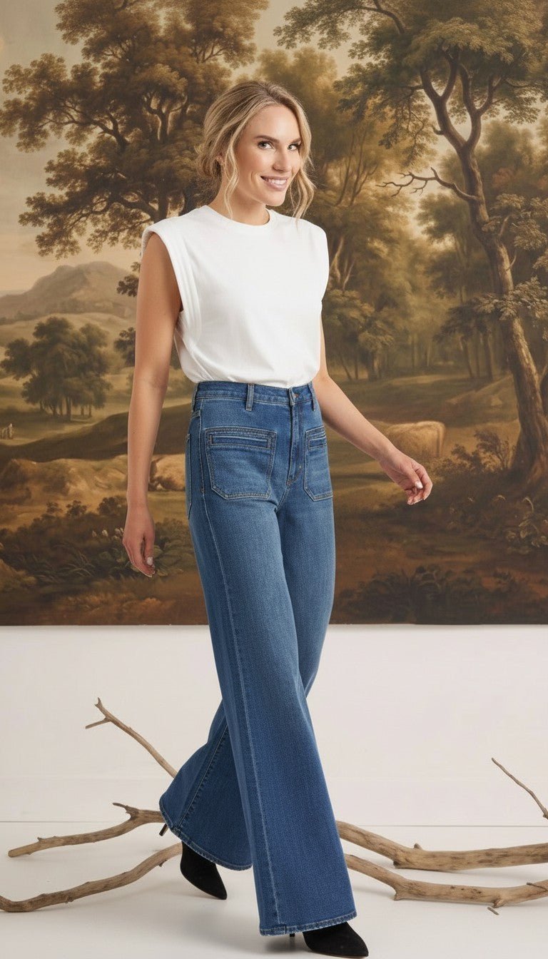 Model wearing graced Emerson relaxed flare jeans with patch pockets and a white sleeveless top in a studio setting