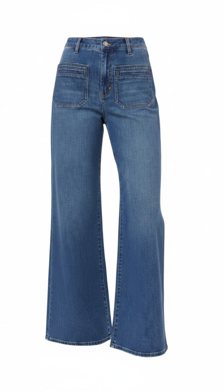 graced The Emerson relaxed flare jeans in medium wash denim featuring front patch pockets and a high-rise fit.