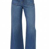 graced The Emerson relaxed flare jeans in medium wash denim featuring front patch pockets and a high-rise fit.