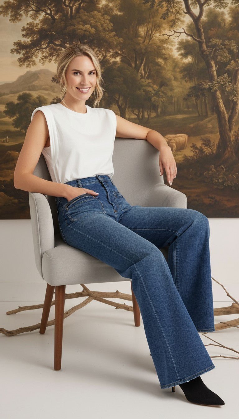 graced Emerson relaxed flare jeans with patch pockets worn by a model in a white sleeveless top sitting on a chair