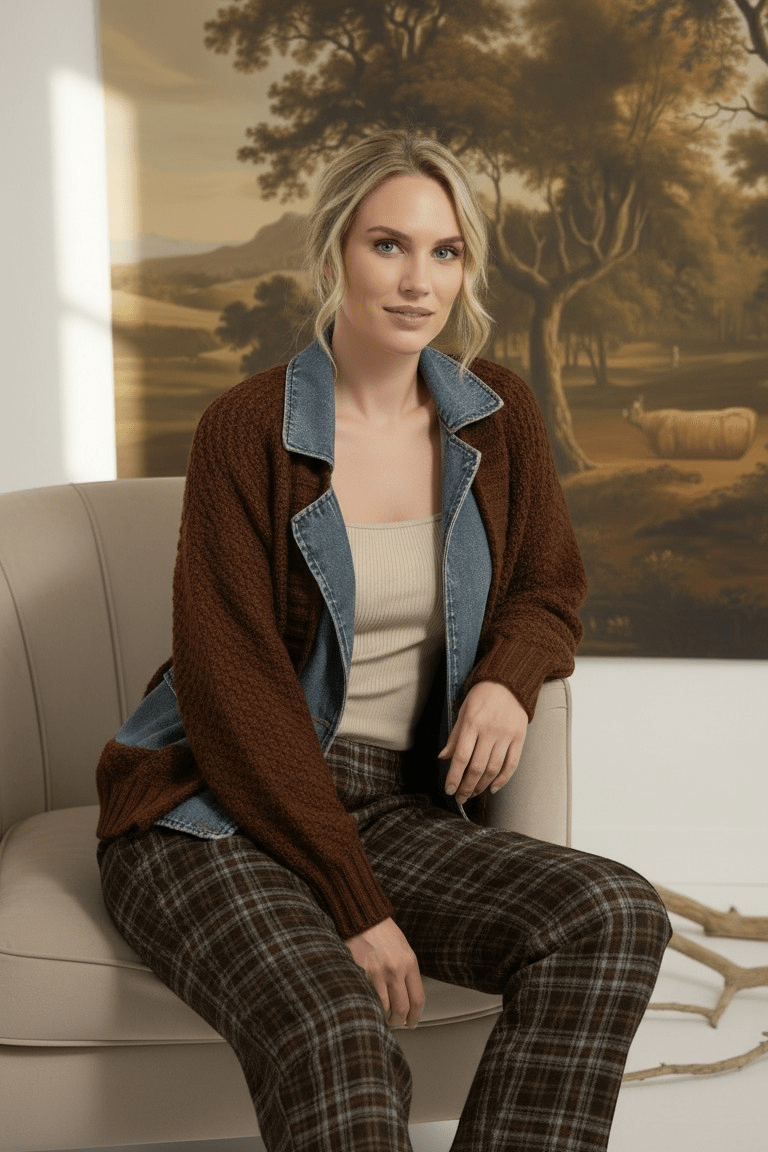 graced Emilie cable knit jacket in brown with denim collar and cuffs worn by a blonde model sitting on a chair