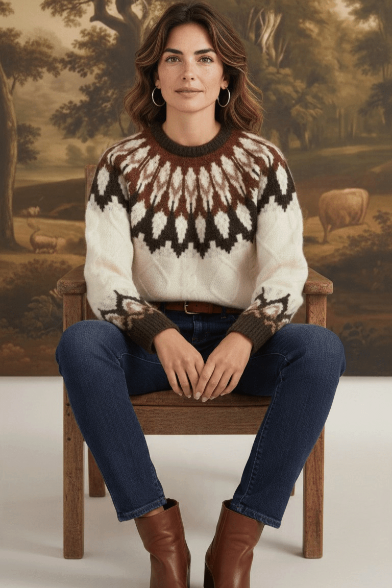 graced Fair Isle cable knit sweater in cream and brown worn by a woman sitting on a wooden chair