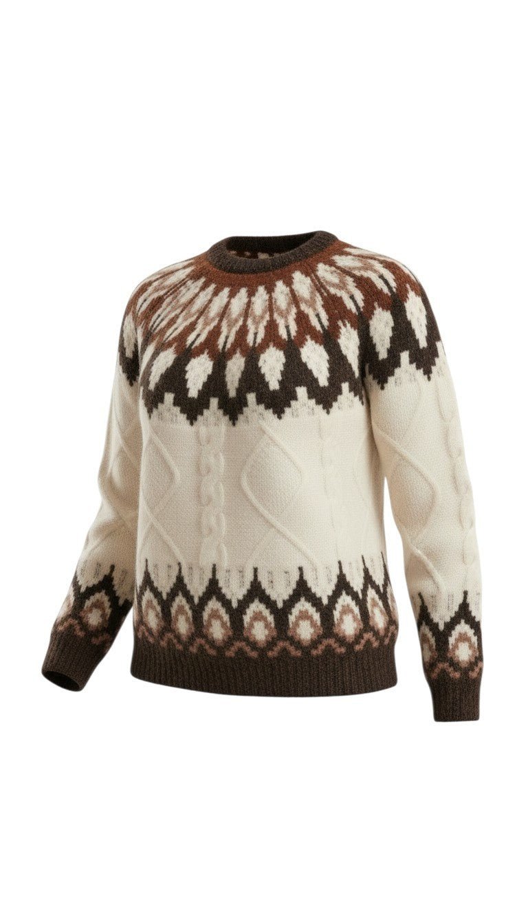 graced Fair Isle cable knit sweater in cream, brown, and dark chocolate with a classic crew neck and textured pattern