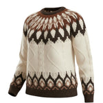 graced Fair Isle cable knit sweater in cream, brown, and dark chocolate with a classic crew neck and textured pattern
