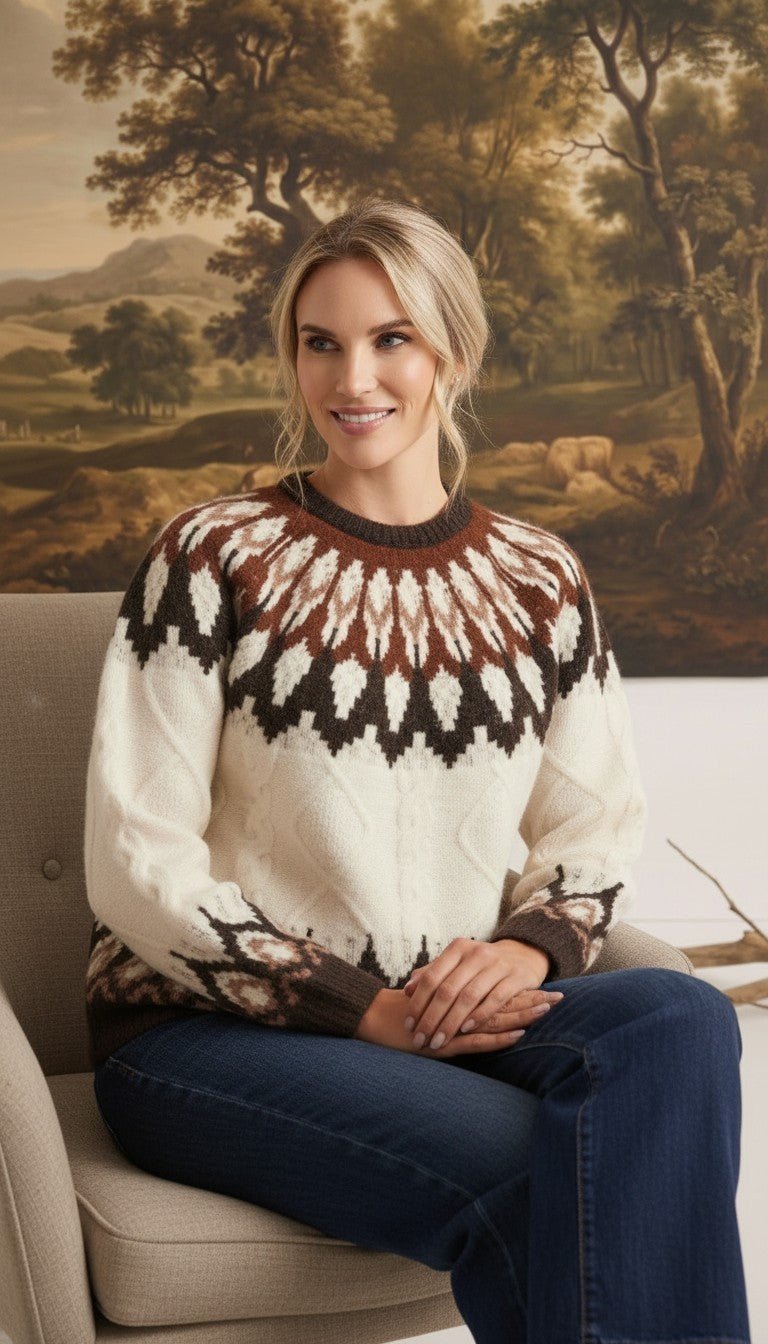 graced Fair Isle cable knit sweater in cream and brown worn by a smiling woman sitting in a chair
