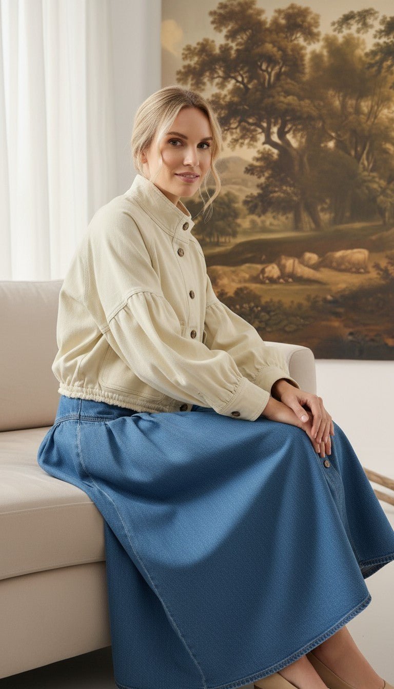 graced cream cotton balloon sleeve jacket worn by a woman sitting on a sofa with a blue denim skirt