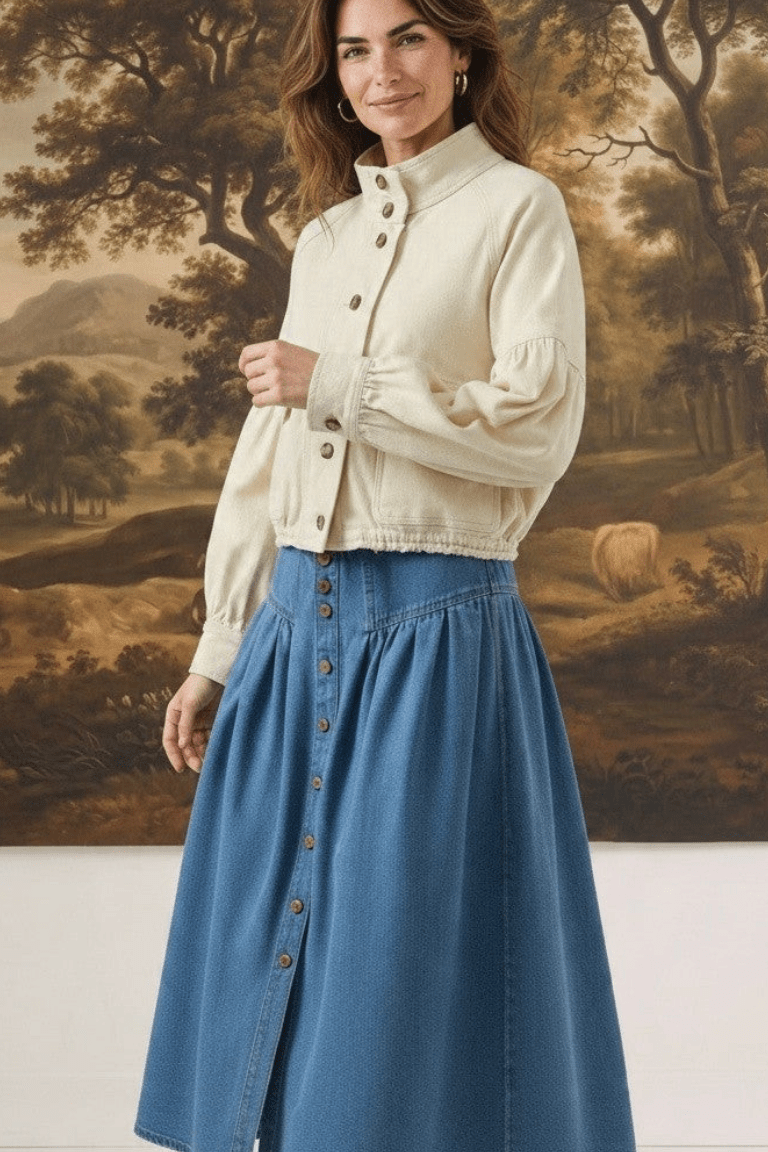 Model wearing a graced cream cotton balloon sleeve jacket with button-up front and a blue denim midi skirt.