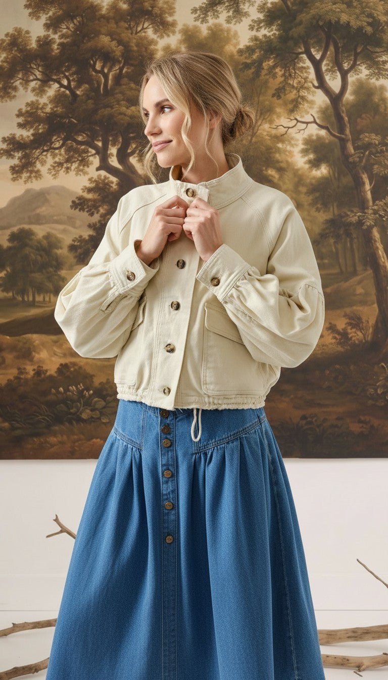 graced Jaden cream cotton jacket with balloon sleeves and button-up front worn by a woman with a denim skirt