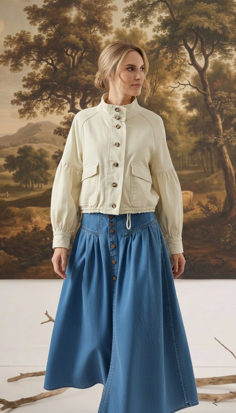 graced cream cotton blend jacket with balloon sleeves and button front worn by a model with a blue denim skirt