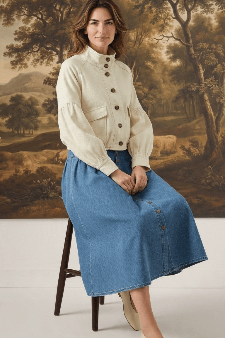 graced Jaden cream cotton balloon sleeve jacket worn by a model sitting on a stool against a landscape painting