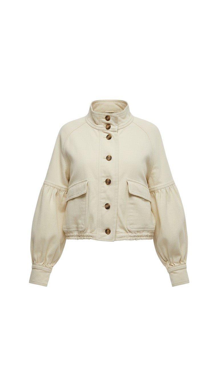 graced The Jaden cream cotton-blend jacket with voluminous balloon sleeves, front button closure, and utility pockets.