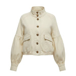 graced The Jaden cream cotton-blend jacket with voluminous balloon sleeves, front button closure, and utility pockets.