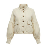 graced The Jaden cream cotton-blend jacket with voluminous balloon sleeves, front button closure, and utility pockets.