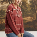 graced Jenna Whipstitch Sweater in dusty rose with contrast cream embroidery, collar, and tassel tie detail