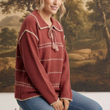 graced Jenna Whipstitch Sweater in dusty rose with contrast cream embroidery, collar, and tassel tie detail