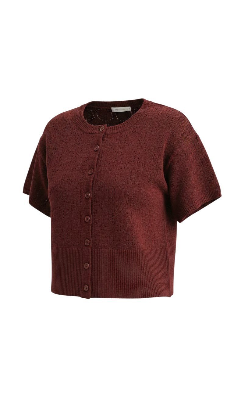 graced Jocelyn button up knit top in burgundy with a round neckline, short sleeves, and elegant pointelle texture.