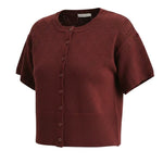 graced Jocelyn button up knit top in burgundy with a round neckline, short sleeves, and elegant pointelle texture.