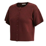 graced Jocelyn button up knit top in burgundy with a round neckline, short sleeves, and elegant pointelle texture.