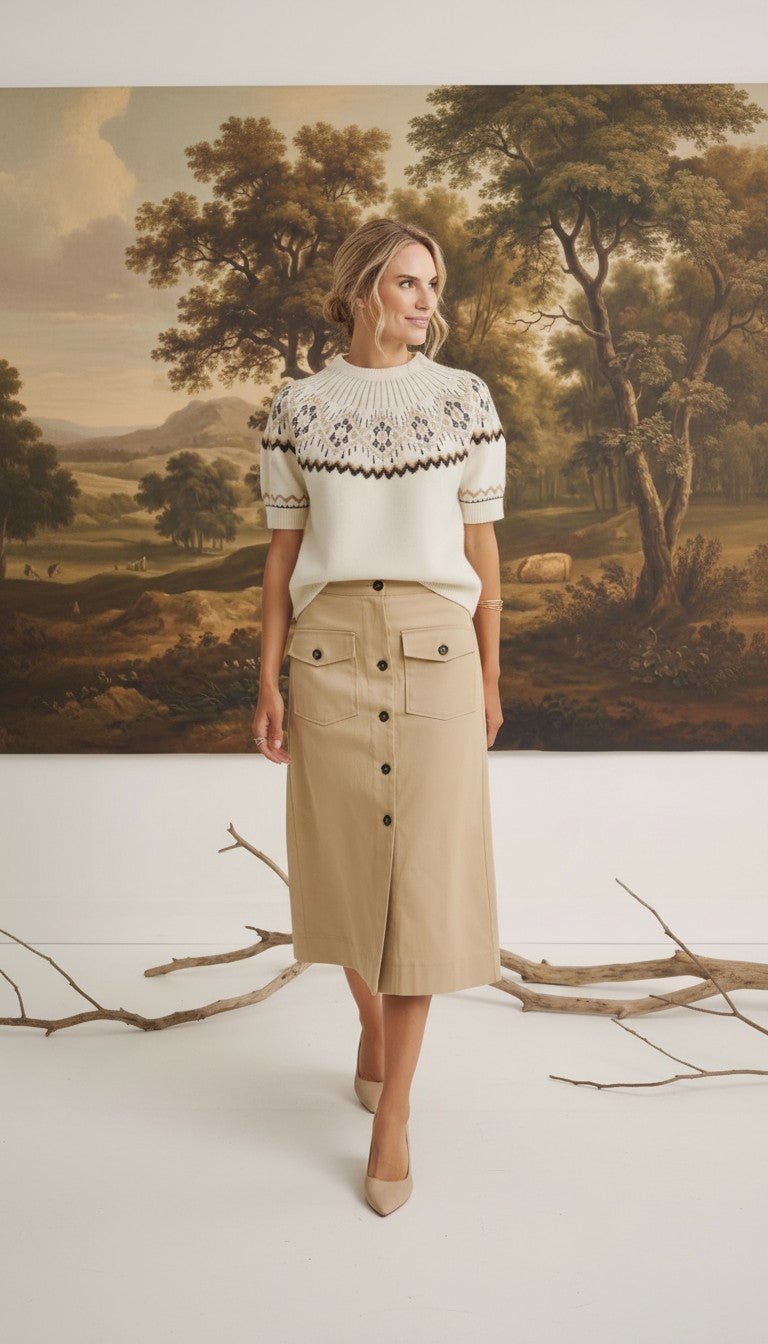 graced The Josephine Faire Isle Top in cream with brown knit pattern, short sleeves, and round neck on a model.