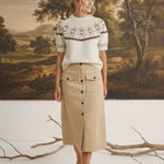 graced The Josephine Faire Isle Top in cream with brown knit pattern, short sleeves, and round neck on a model.