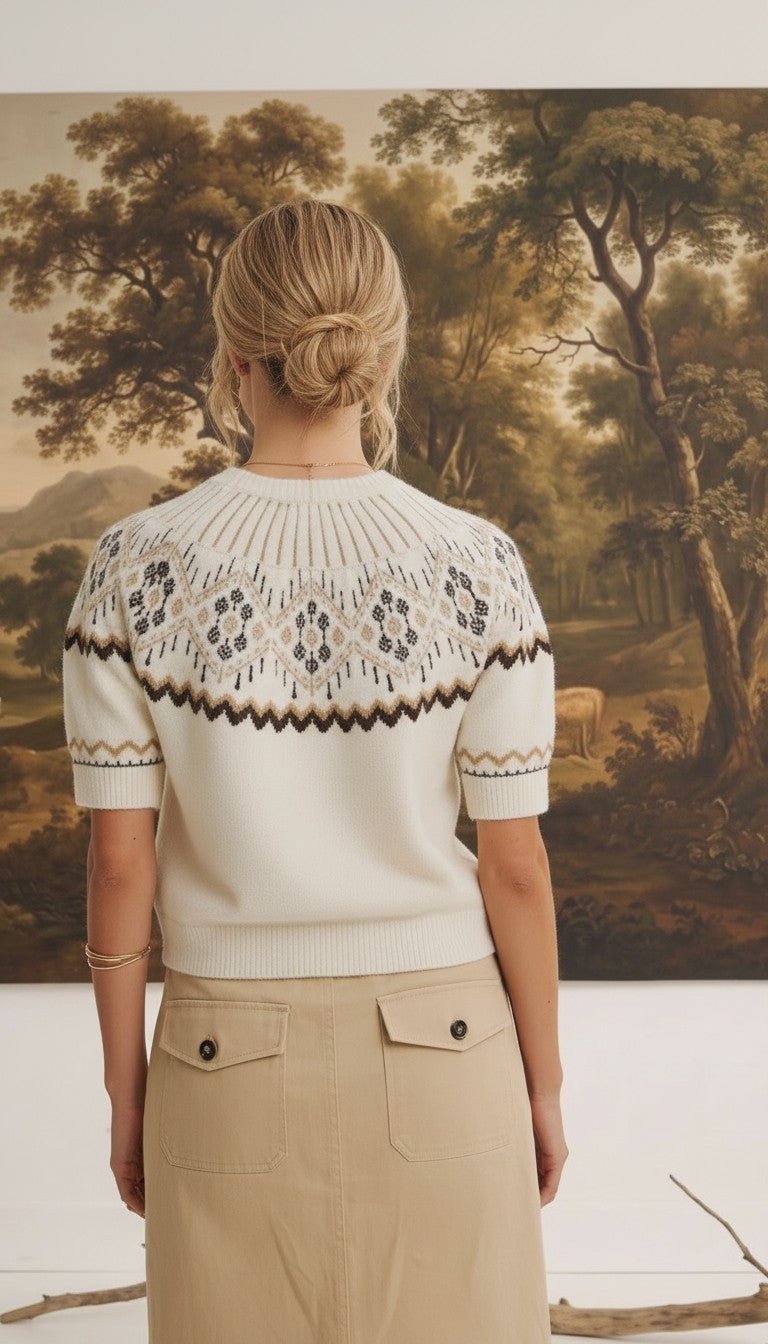 Back view of a woman wearing the graced Josephine Faire Isle Top, a cream short-sleeve knit with a brown geometric pattern