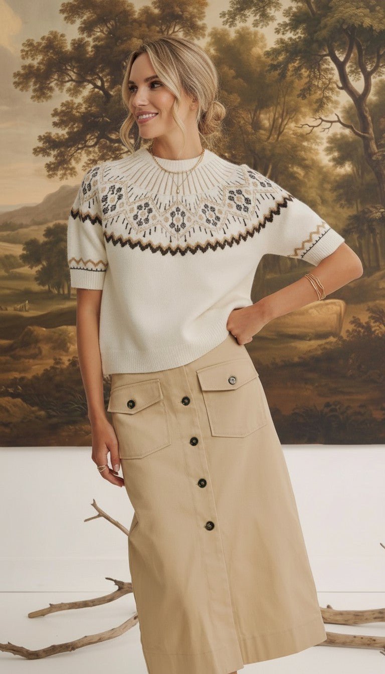 Model wearing graced The Josephine Faire Isle Top, a cream short-sleeve knit with a brown and black patterned yoke.