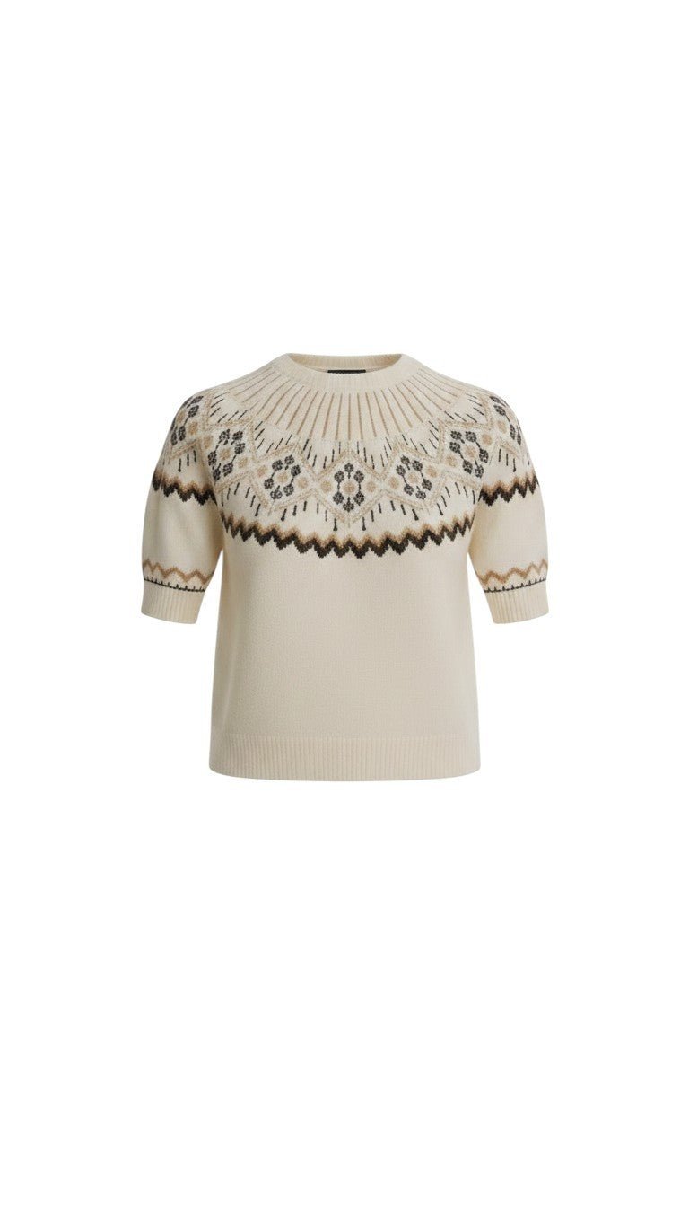 graced The Josephine Faire Isle Top in cream with a short-sleeve knit design and a classic round neckline.