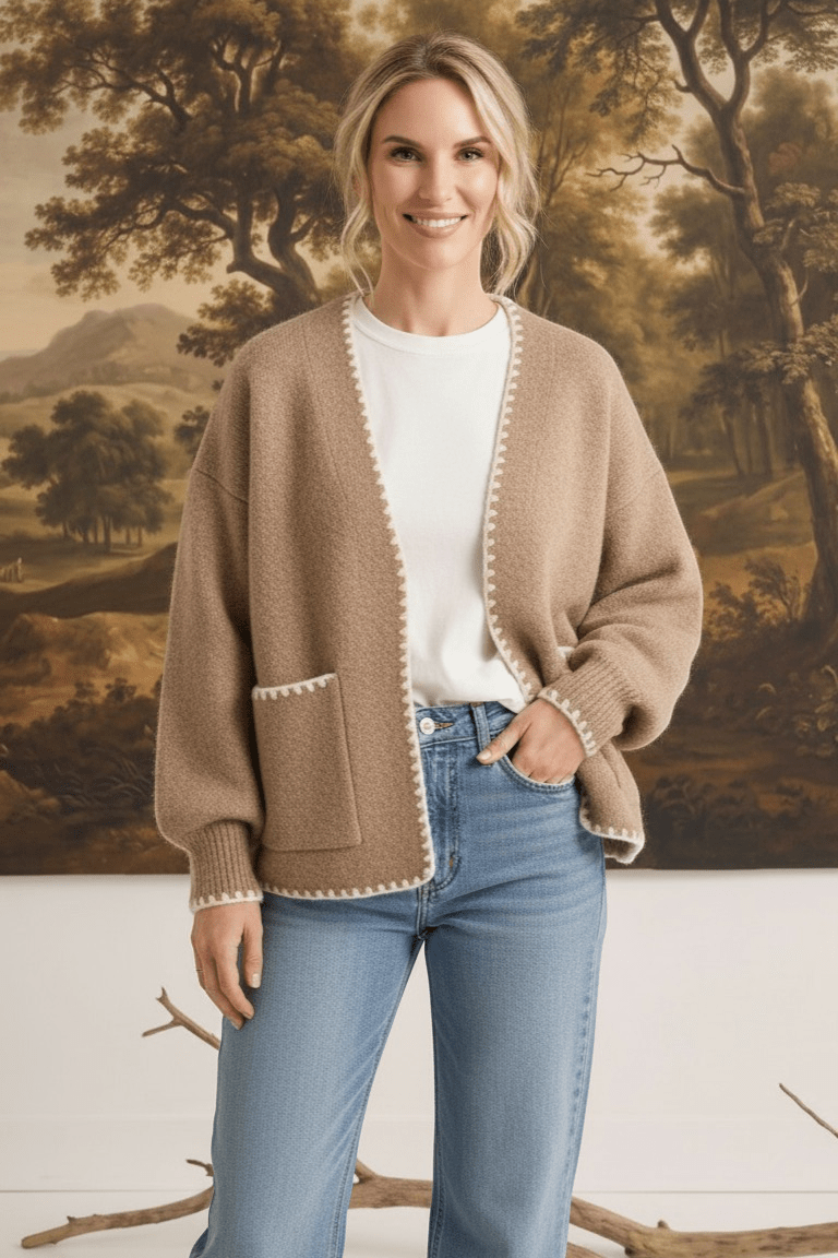 Model wearing a graced The Judy Open Cardigan in beige with white contrast stitching and front pockets over jeans.