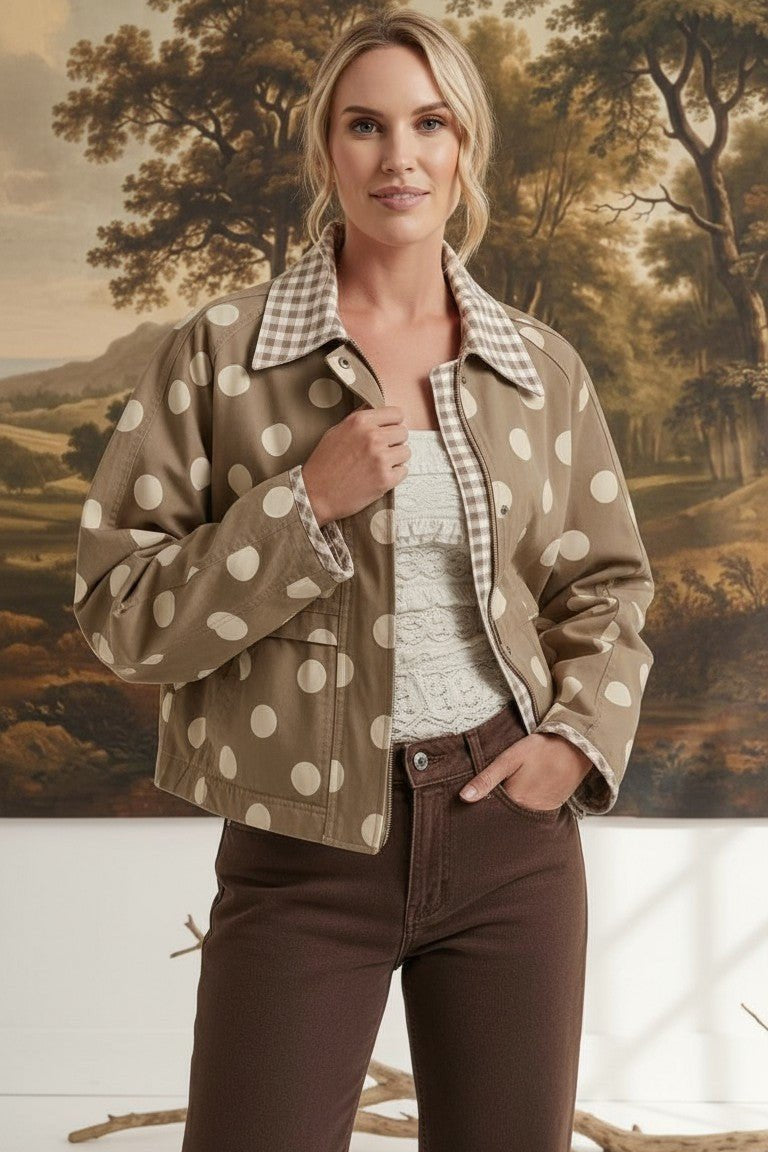 graced Julia canvas twill jacket in tan with white polka dots and a gingham collar worn by a blonde model