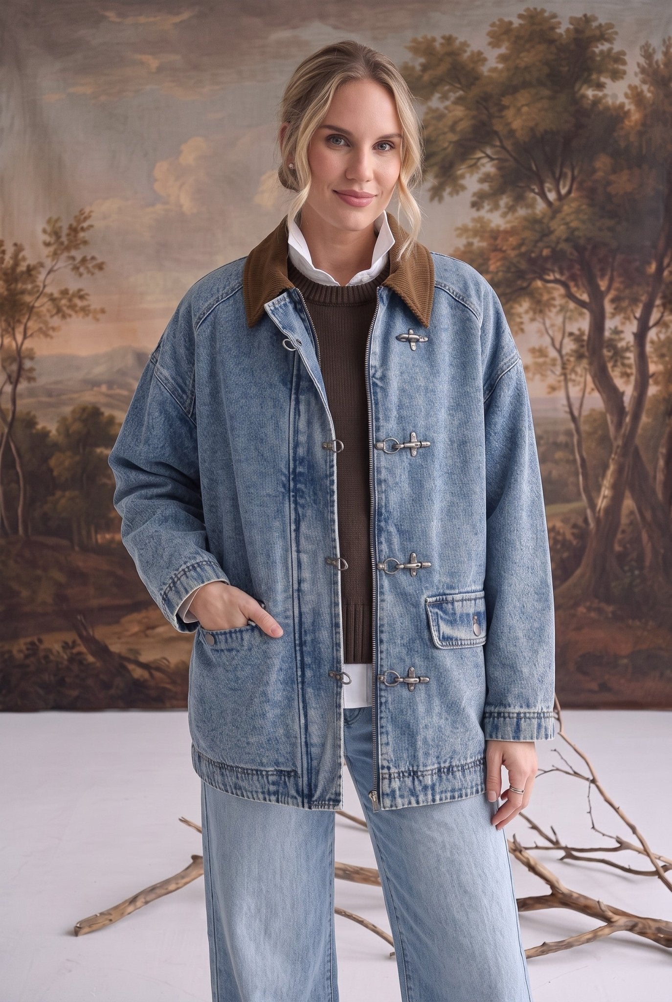 graced Julie denim jacket with brown corduroy collar and latch hook closures worn by a model in a studio setting