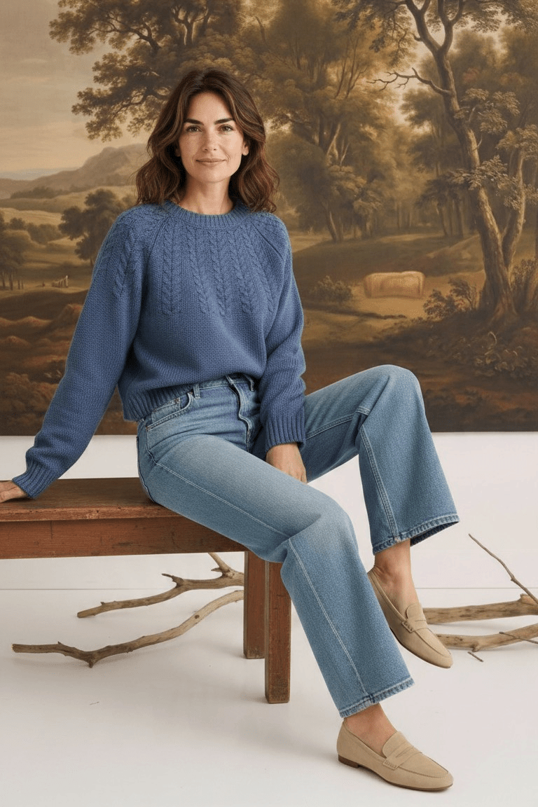 graced Kaitlyn sailor sweater in denim blue with round neckline and knit details worn by a model with jeans