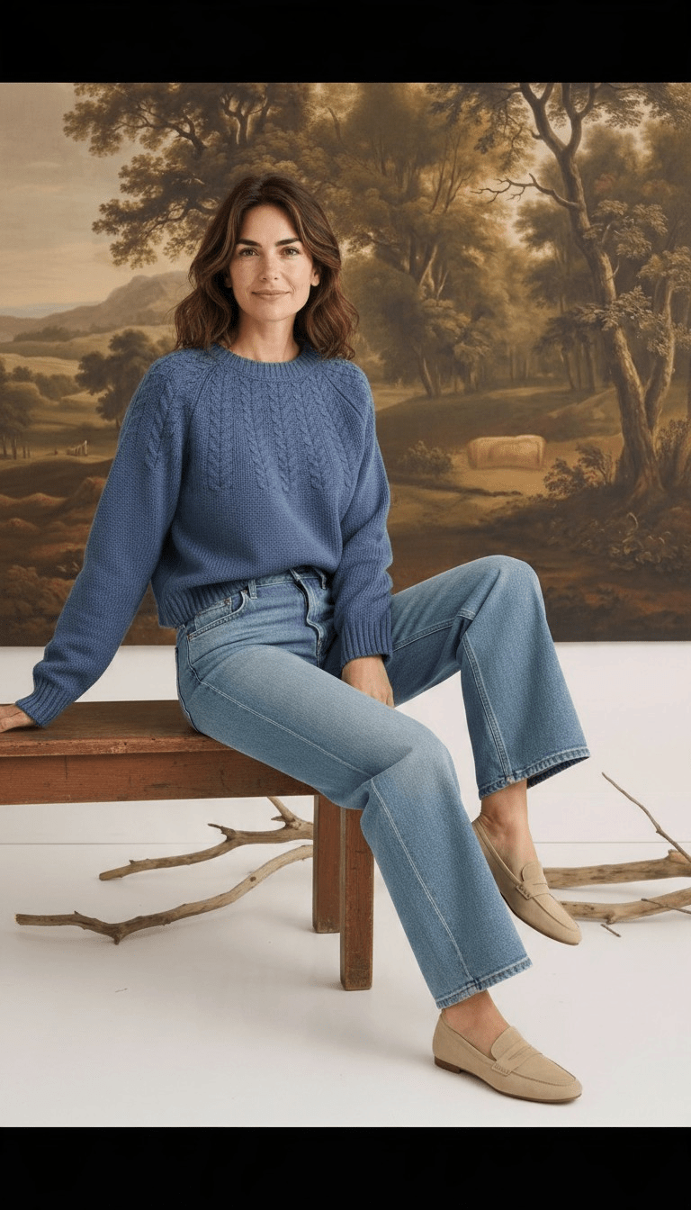 graced Kaitlyn sailor sweater in denim blue with round neckline and knit details worn by a model with jeans