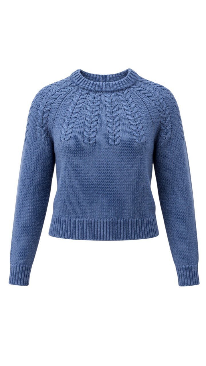 graced Kaitlyn sailor sweater in denim blue featuring a round neckline and intricate cable knit shoulder detailing.