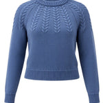 graced Kaitlyn sailor sweater in denim blue featuring a round neckline and intricate cable knit shoulder detailing.