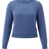 graced Kaitlyn sailor sweater in denim blue featuring a round neckline and intricate cable knit shoulder detailing.