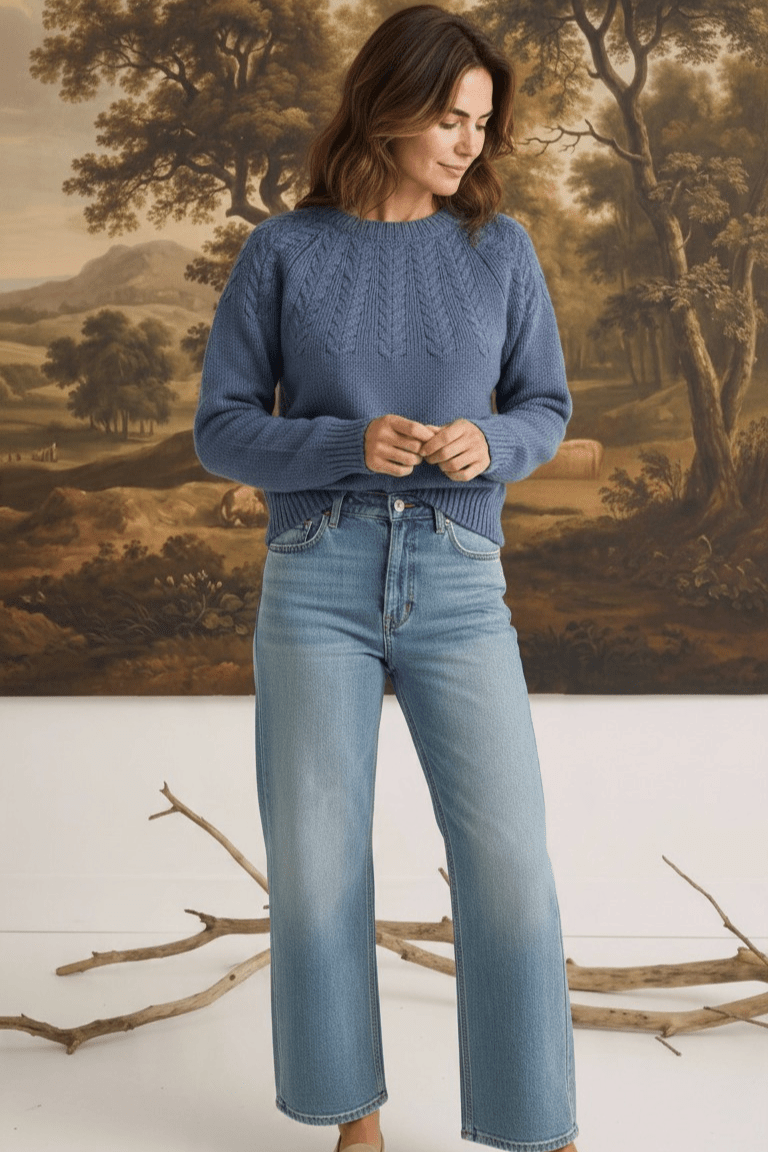 Model wearing a graced denim blue sailor sweater with textured knit detail, paired with light wash jeans and loafers.