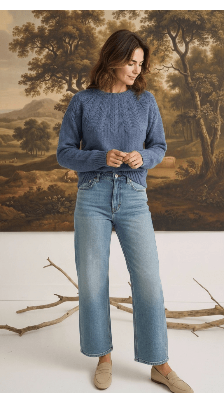 Model wearing a graced denim blue sailor sweater with textured knit detail, paired with light wash jeans and loafers.