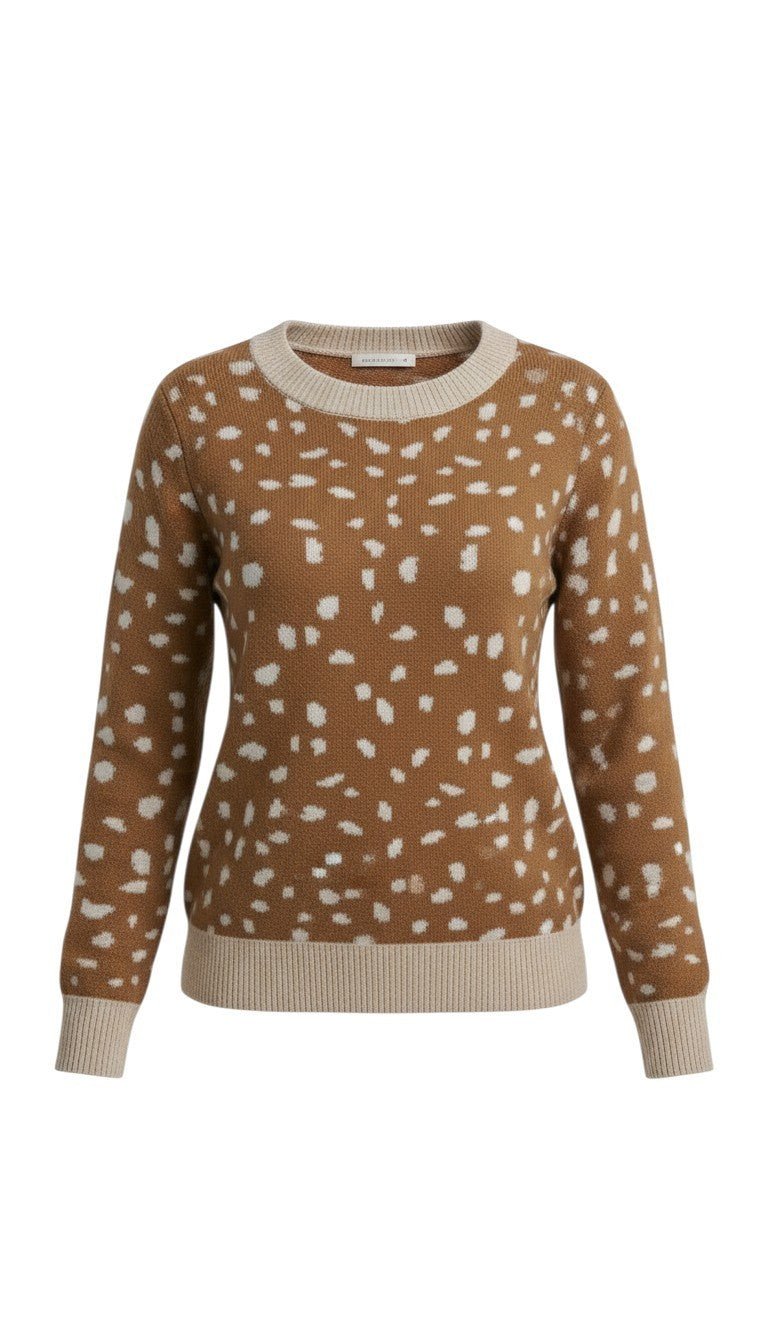 graced Kathy sweater in brown with a white deer pattern, featuring a crew neck and ribbed knit trim.