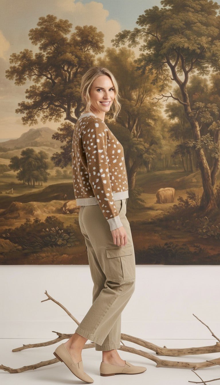 graced Kathy sweater in brown with white deer pattern, worn by a woman with khaki cargo pants and beige loafers