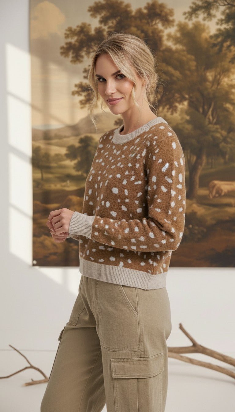 graced Kathy sweater in brown with white deer pattern, featuring a crew neck and ribbed trim, worn by a blonde model