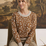 graced Kathy sweater in brown with white deer pattern, featuring a crew neck and comfortable cotton-blend knit