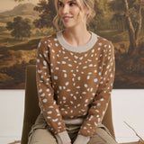 graced Kathy sweater in brown with white deer pattern, featuring a crew neck and comfortable cotton-blend knit