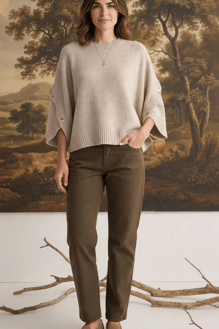 A model wearing the graced Layla Button Sleeve Top in taupe with olive trousers and loafers against a landscape mural.