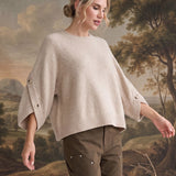graced The Layla taupe knit top with button-detailed three-quarter sleeves worn by a model in a relaxed fit