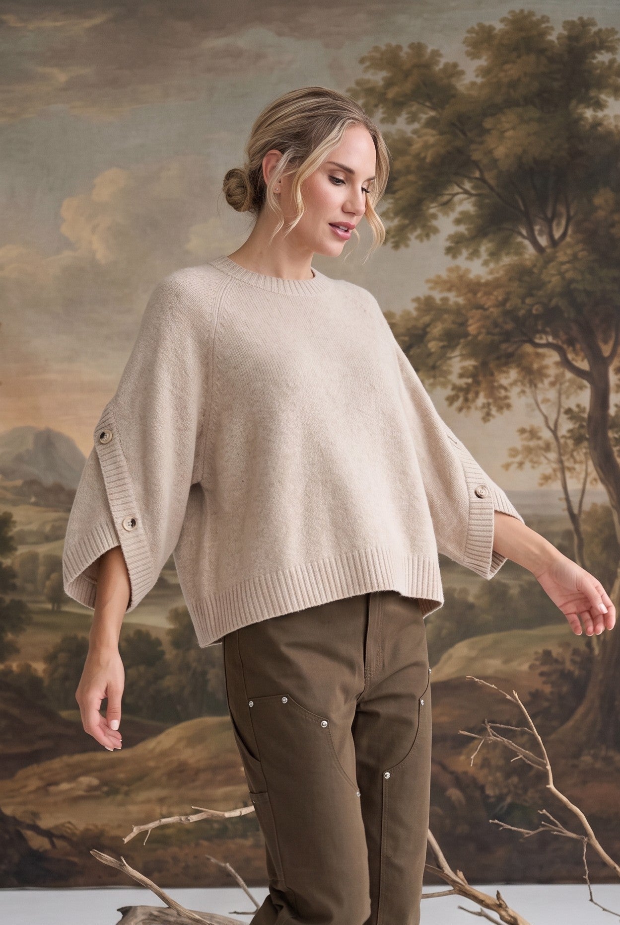 graced The Layla taupe knit top with button-detailed three-quarter sleeves worn by a model in a relaxed fit