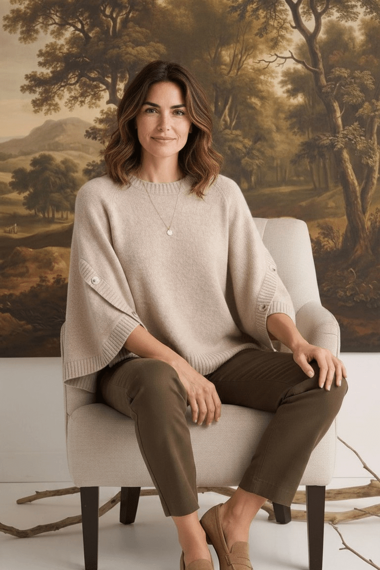 graced Layla taupe button sleeve top worn by a woman sitting in a chair with olive trousers and suede loafers