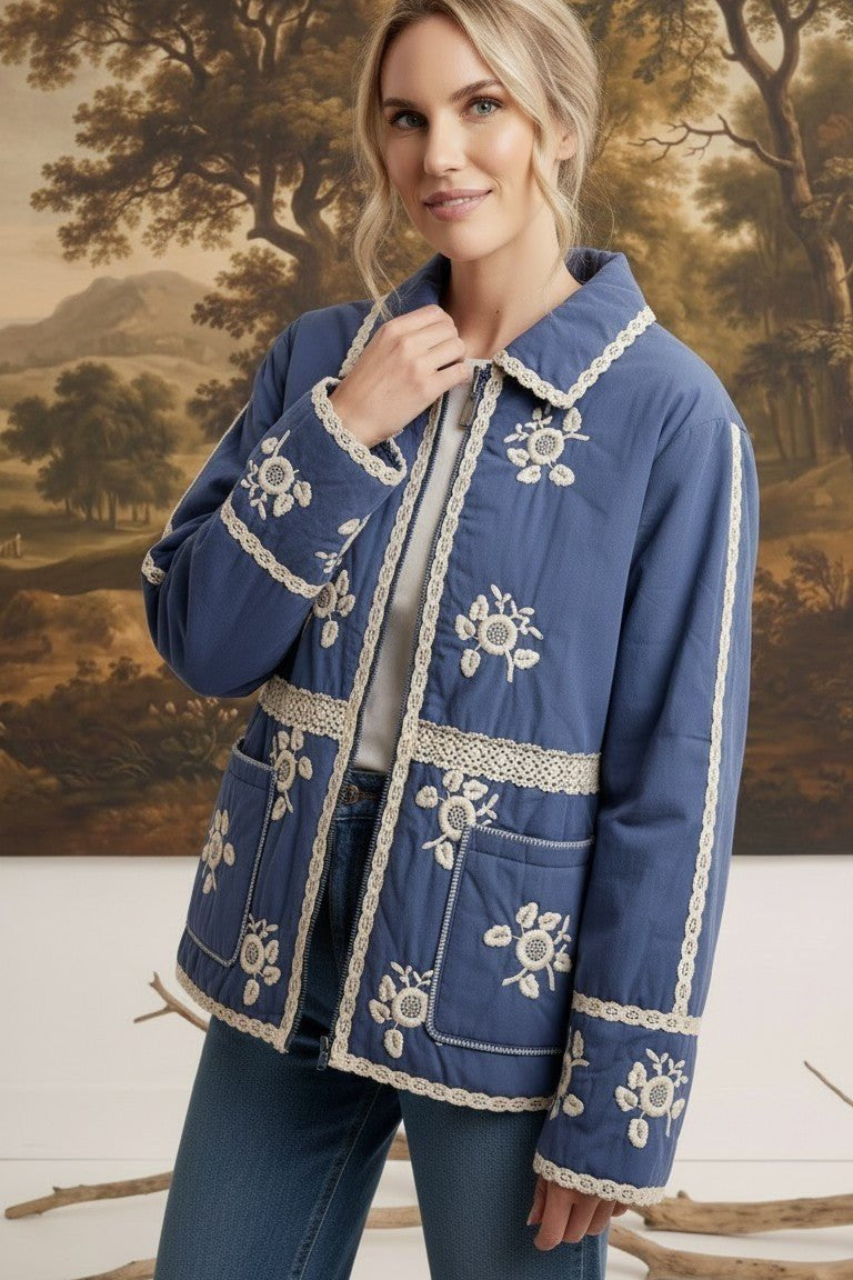 graced The Lea blue cotton jacket featuring white floral embroidery and lace trim worn by a model