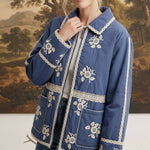 graced The Lea blue cotton jacket featuring white floral embroidery and lace trim worn by a model