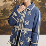 graced The Lea blue cotton jacket featuring white floral embroidery and lace trim worn by a model